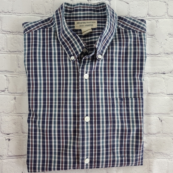 Duluth Trading Men's Sz Large Wrinkle Fighter Blue Plaid Button Down Shi… - Picture 1 of 8